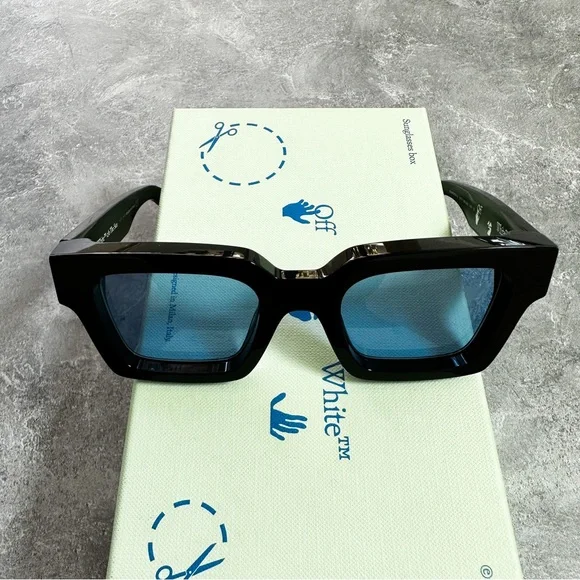 |SOLD| Off-White Virgil Sunglasses Black Frame Blue Lens Blue Logo - Picture 2 of 11